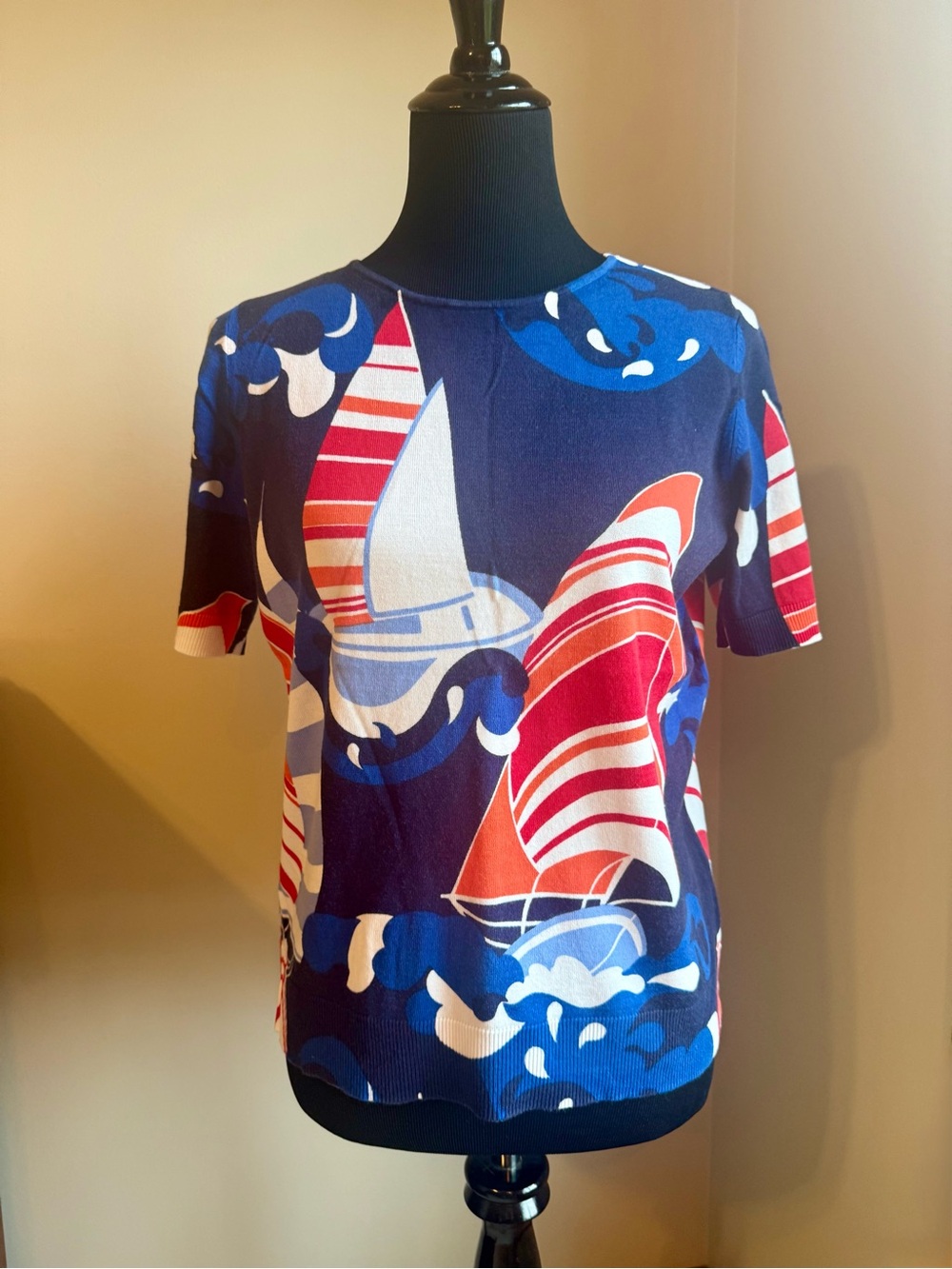 Talbots Nautical Sailboat Short Sleeve Knit Sweater Top Crewneck Blue Red L-P